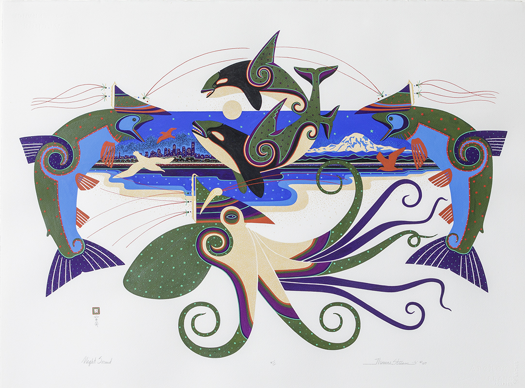 An ArtFull Decade A flat-style painting of oceanic creatures by Thomas Stream.