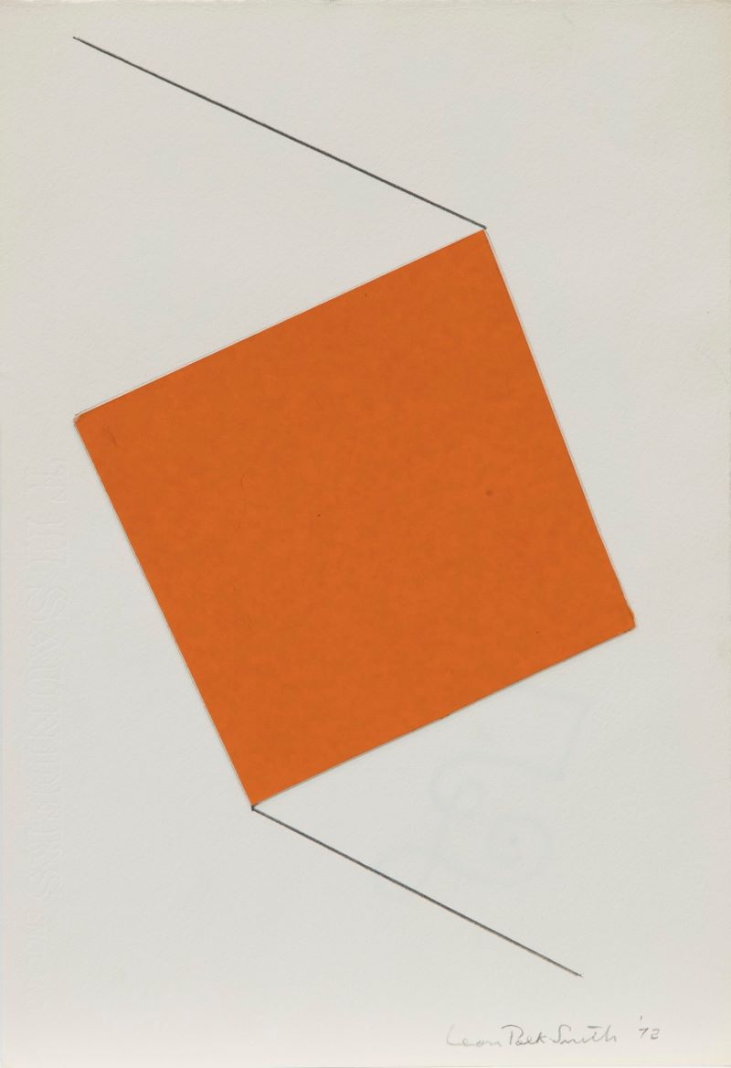 An ArtFull Decade A tilted orange square with black lines extending from two opposing corners by Leon Polk Smith.