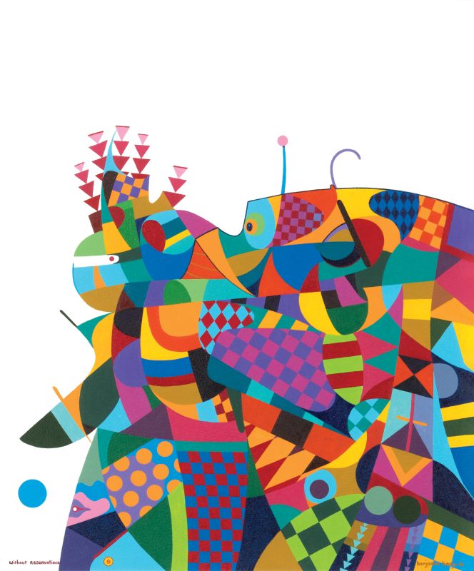 Benjamin Harjo Jr. Benjamin Harjo Jr. (Absentee Shawnee/Seminole, 1945-2023), without reservations, n.d., gouache on paper, 19 7/8 x 15 7/8 inches. OSU Museum of Art, Anonymous Gift, 2018.007.005. Photo by Phil Shockley.