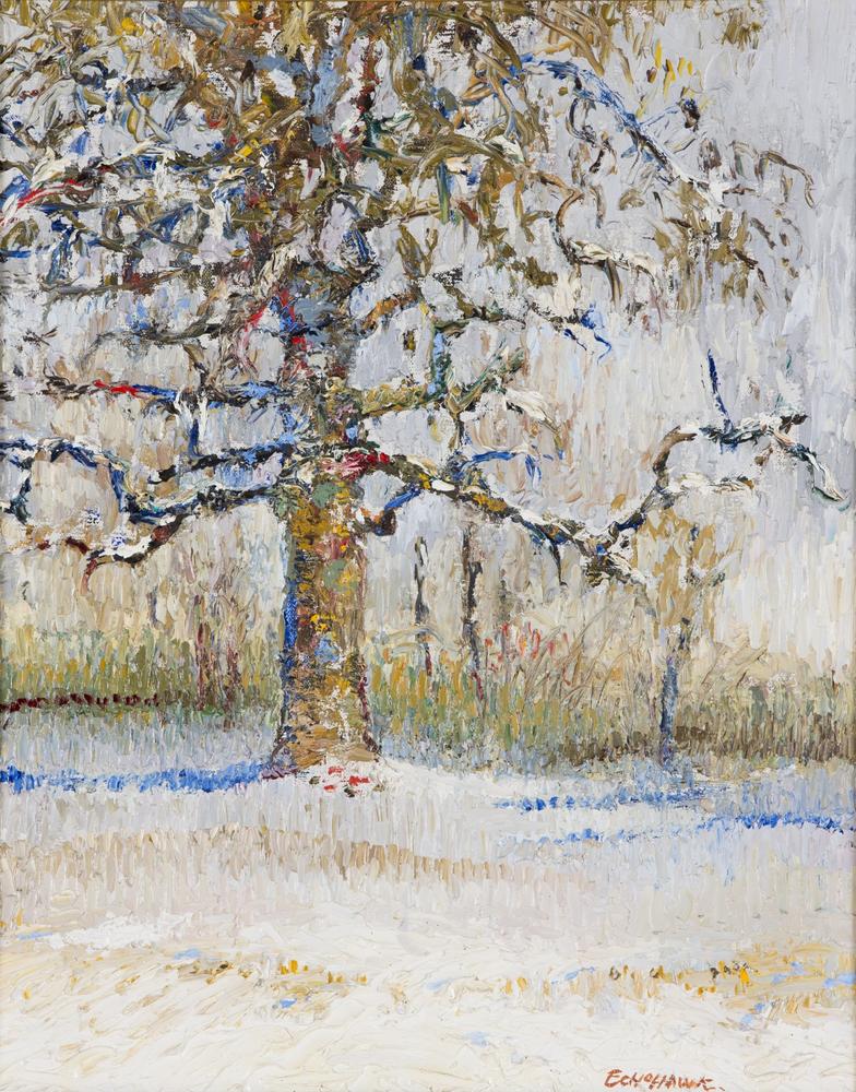 Brummett Echohawk Oil painting of tree in snow