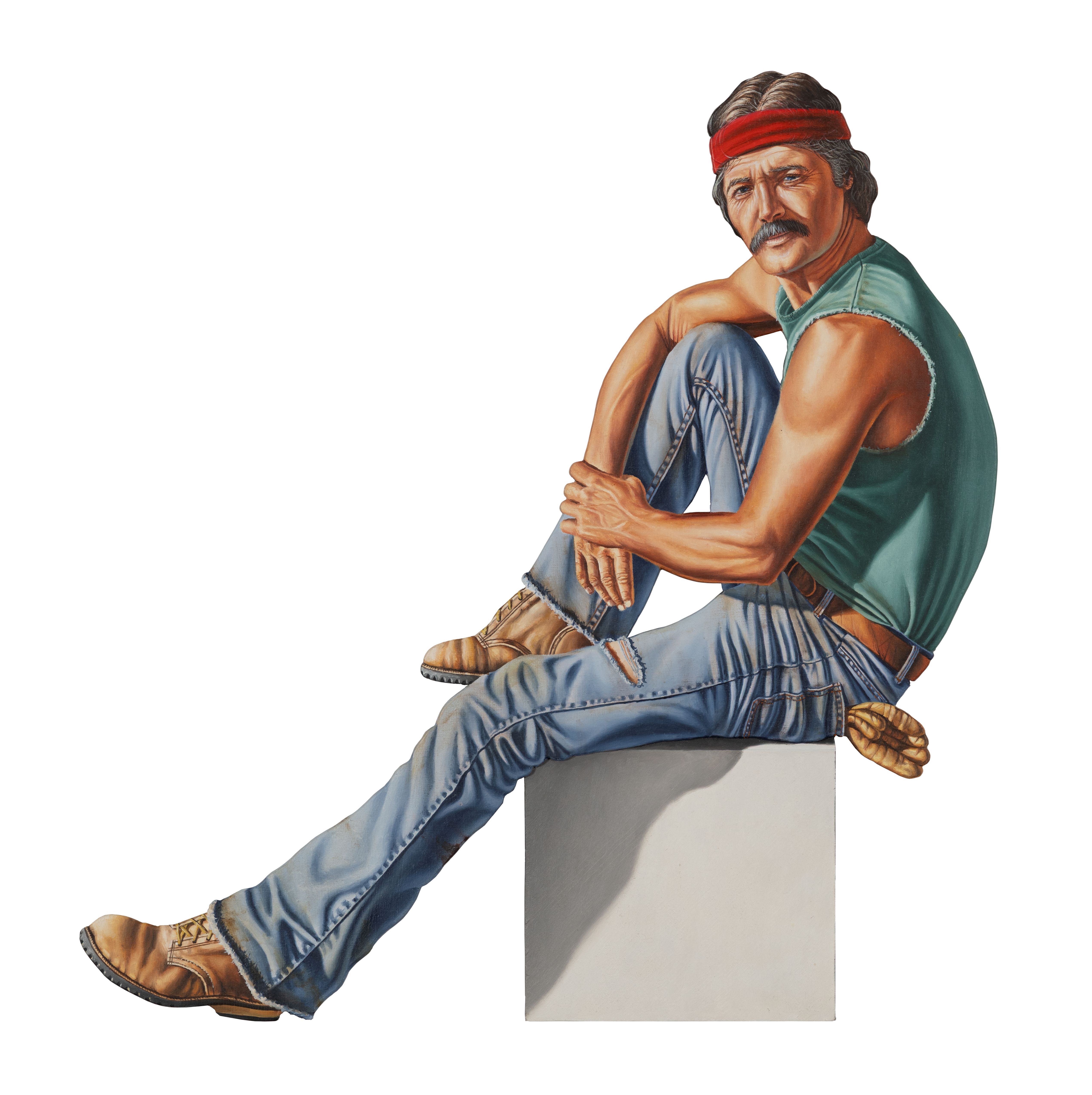 A realistic painting of a man sitting on a cube stool.