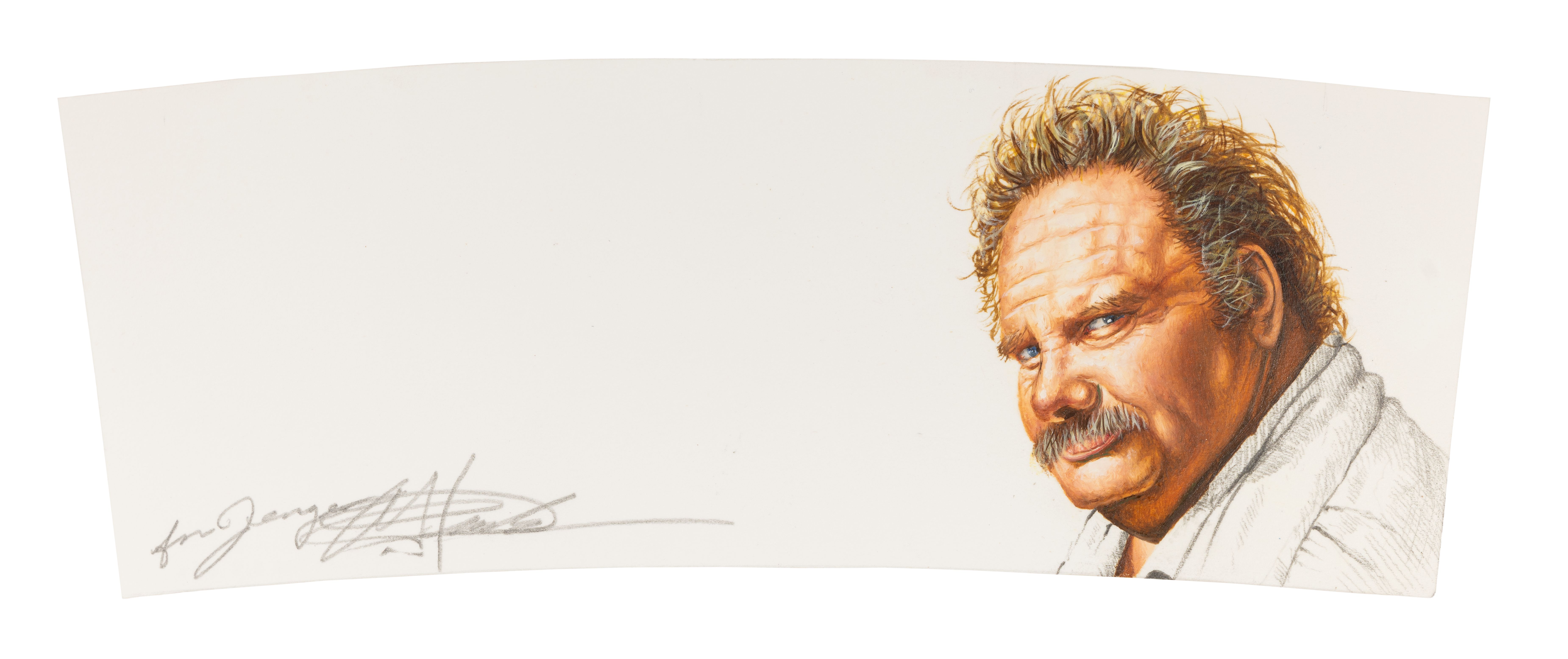 A realistic portrait of a man painted on a coffee sleeve using acrylic paint. 