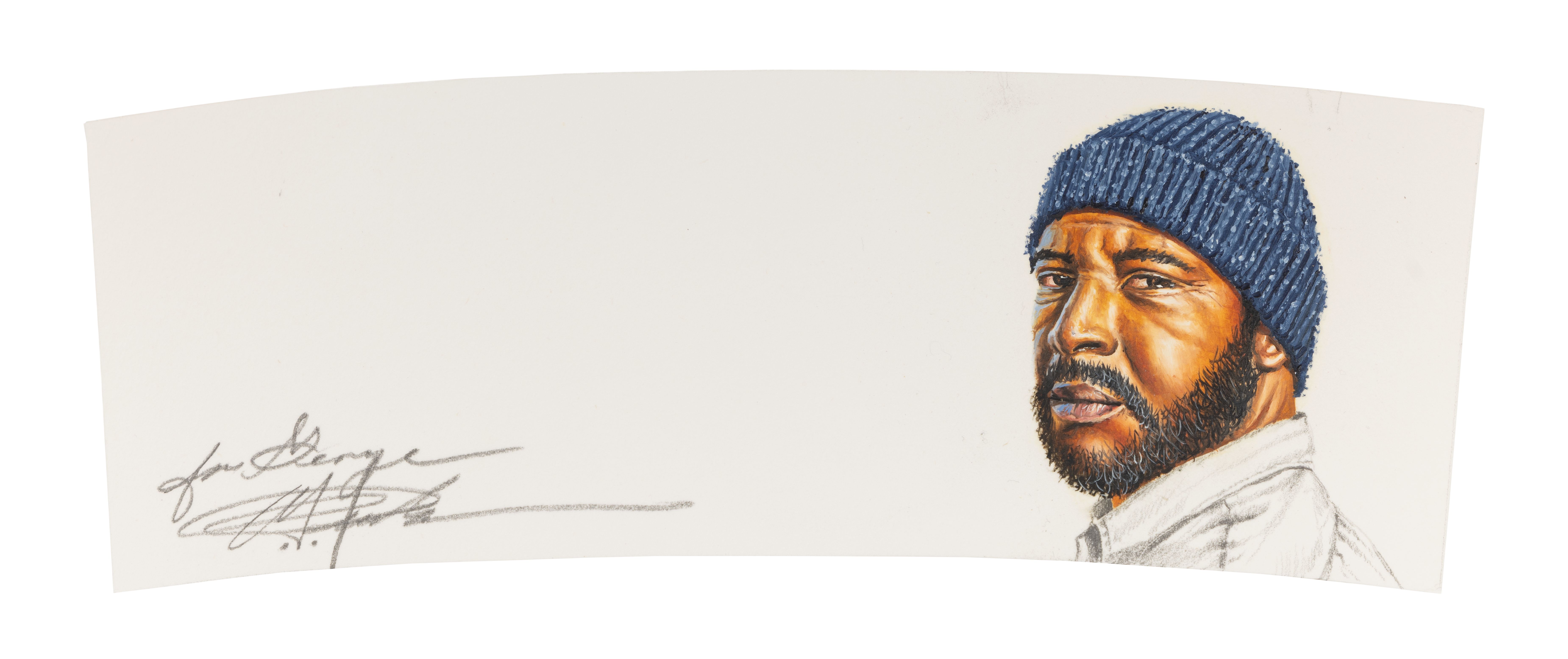 A realistic portrait of a man painted on a coffee sleeve using acrylic paint. 