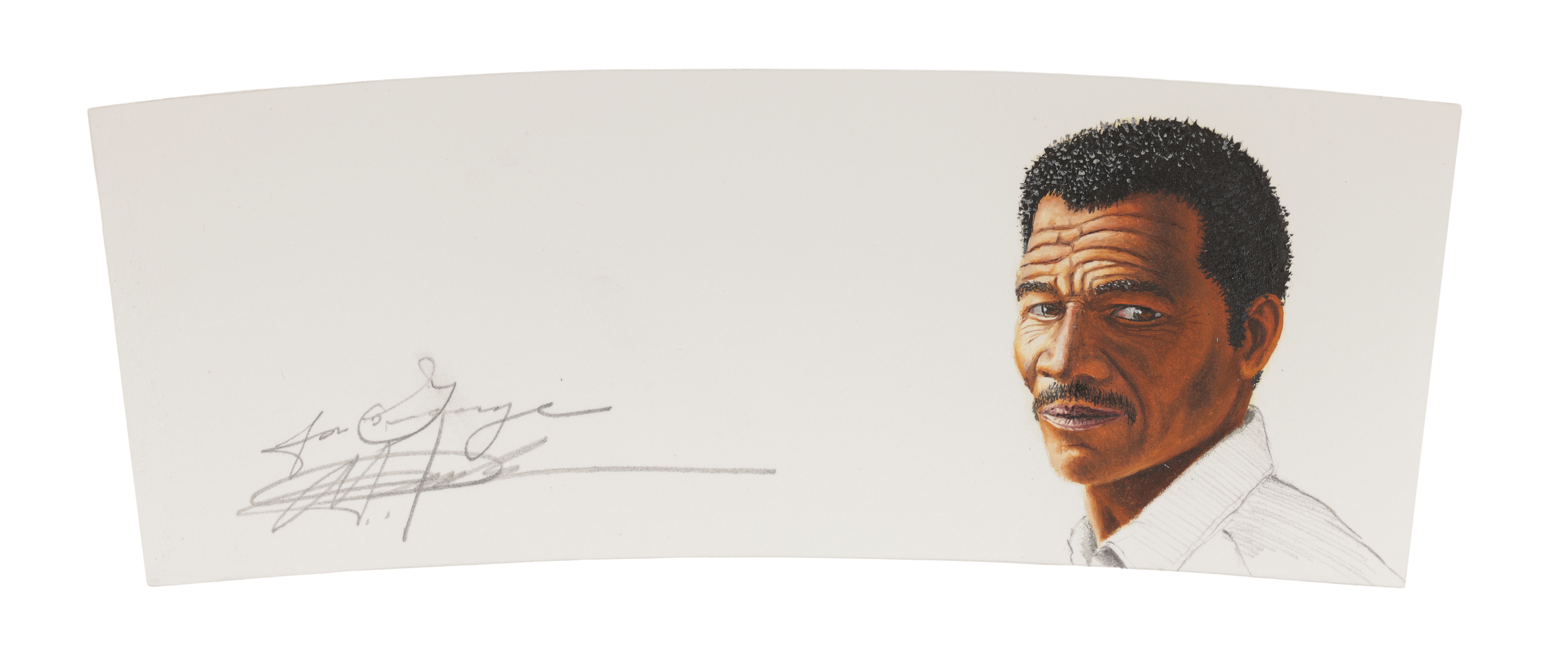 A realistic portrait of a man painted on a coffee sleeve using acrylic paint. 