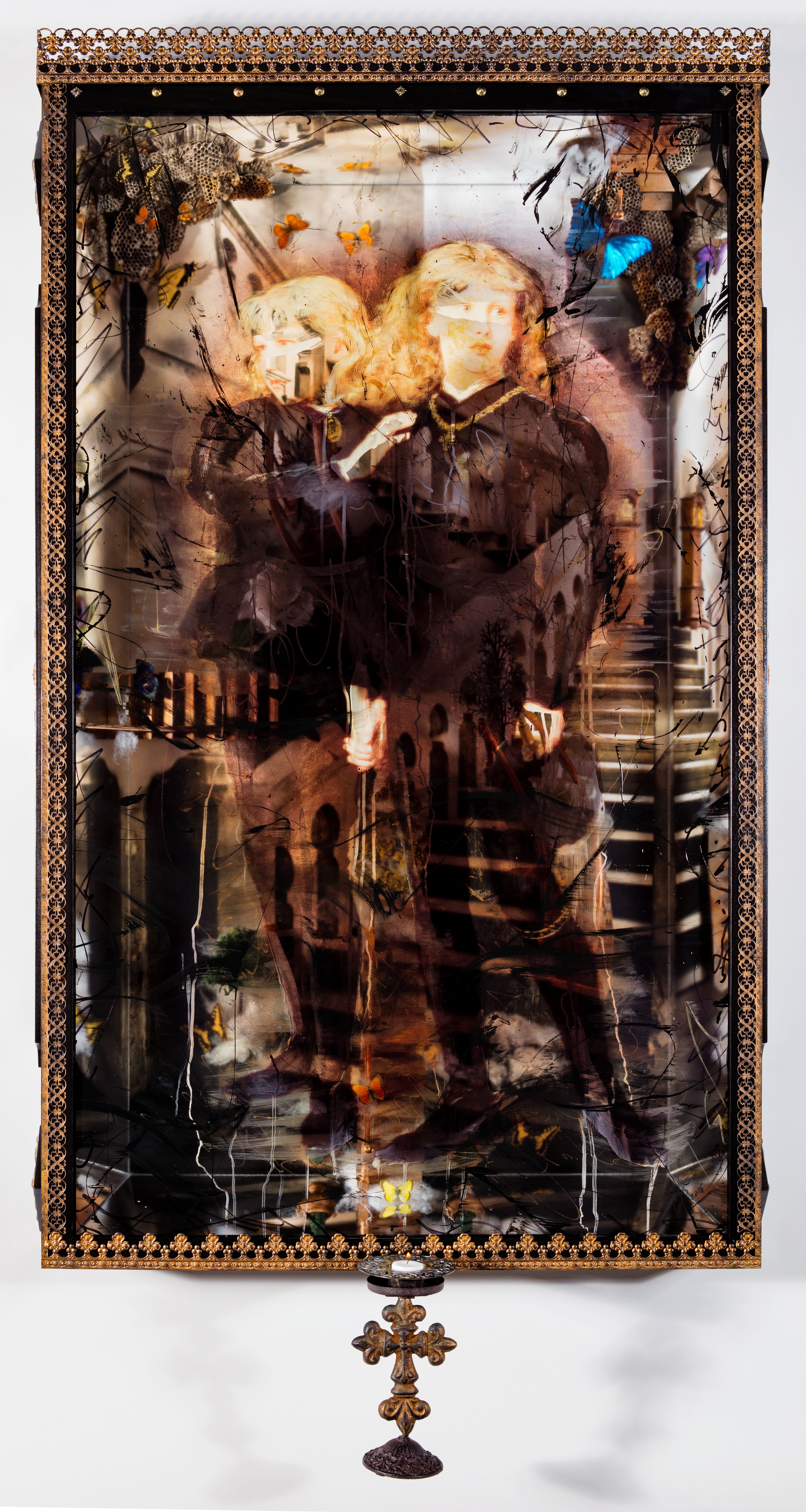 A layered, dreamlike portrait of two blond children in dark clothing, surrounded by butterflies, honeycomb textures, and shadowy architectural forms inside an ornate black-and-gold frame made by Ingrid Magidson.
