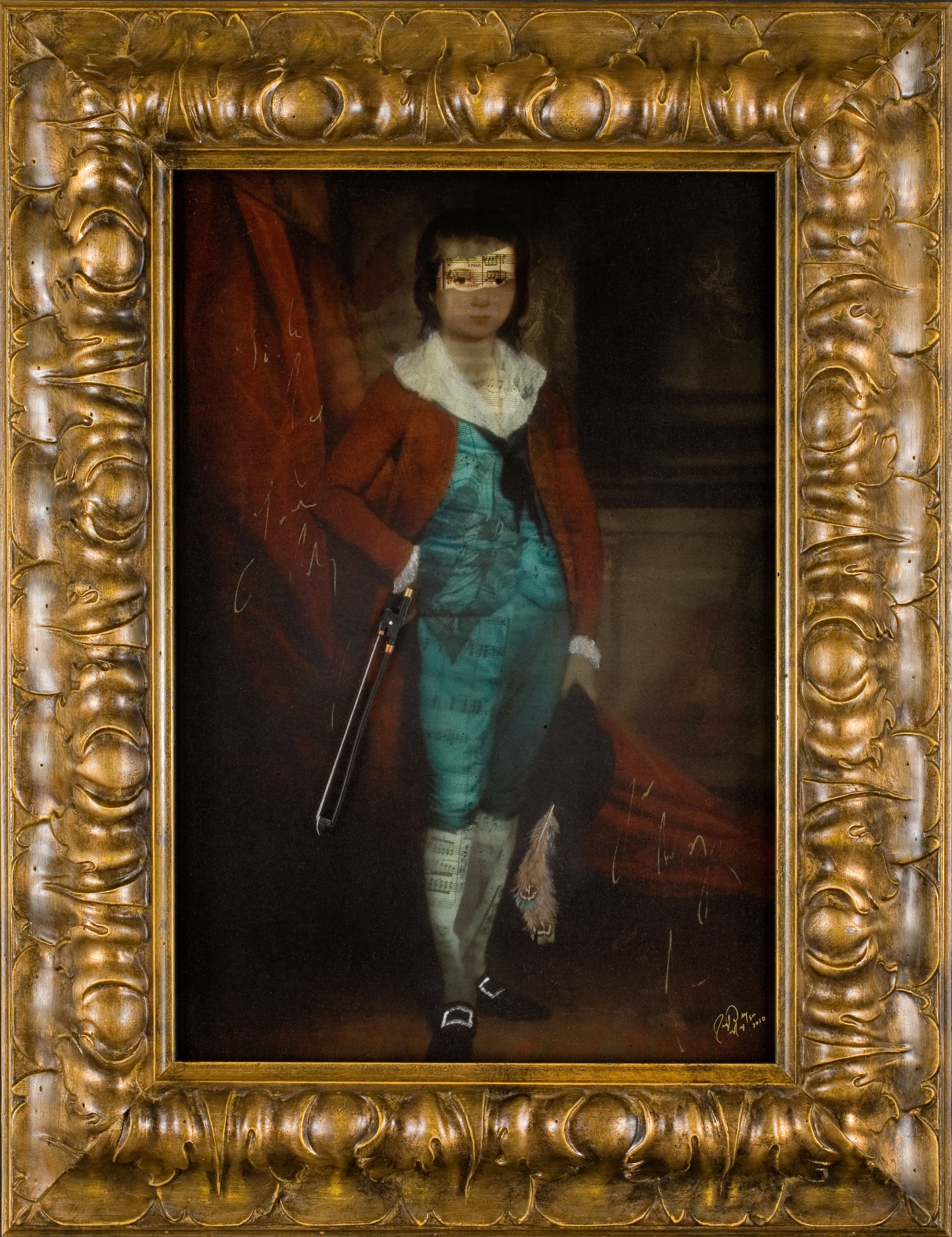 A portrait of a young aristocratic figure in teal and red formalwear, set inside an ornate gold frame made by Ingrid Magidson.