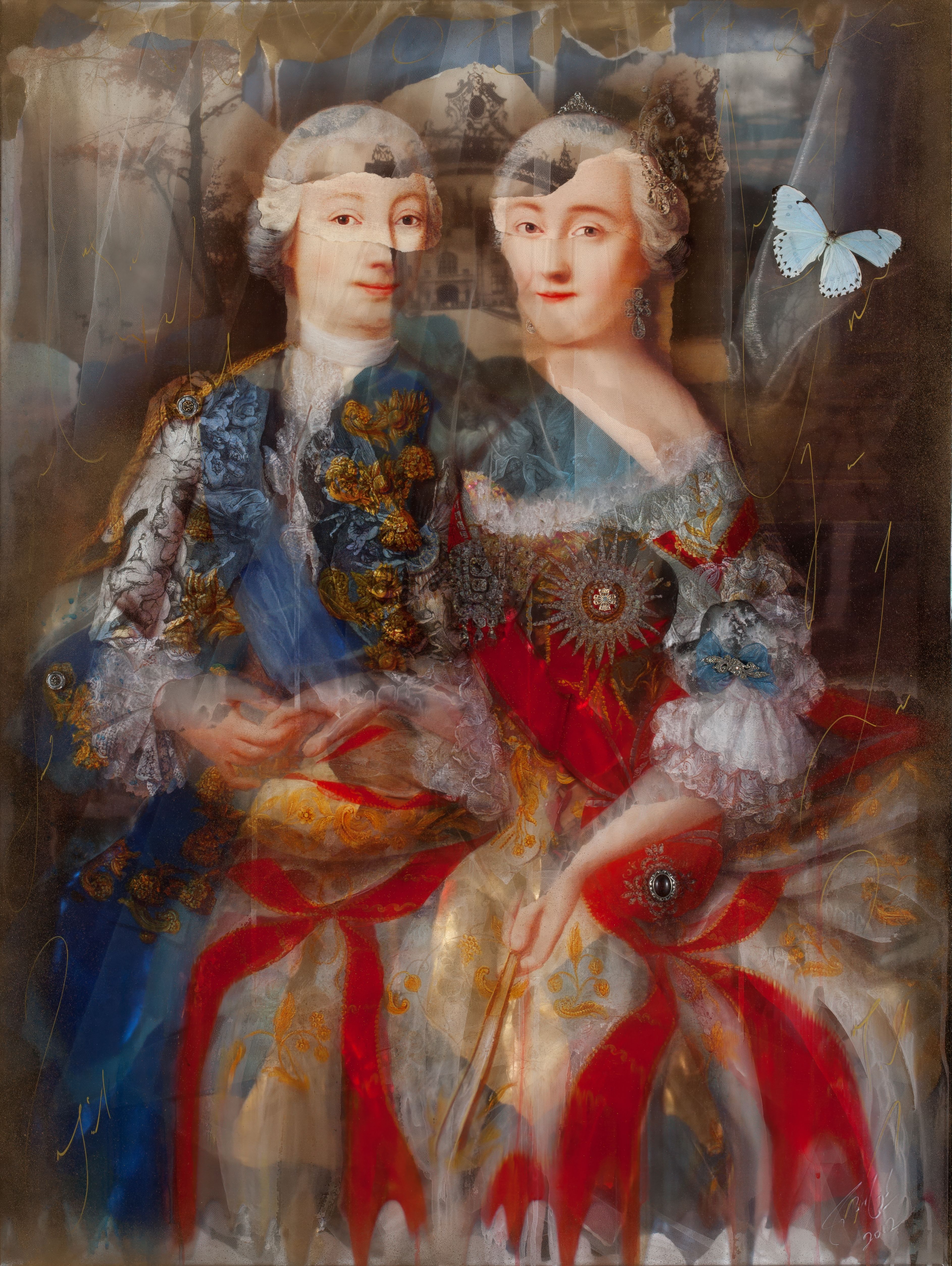 A mixed-media portrait of an aristocratic couple in 18th-century clothing made by Ingrid Dee Magidson