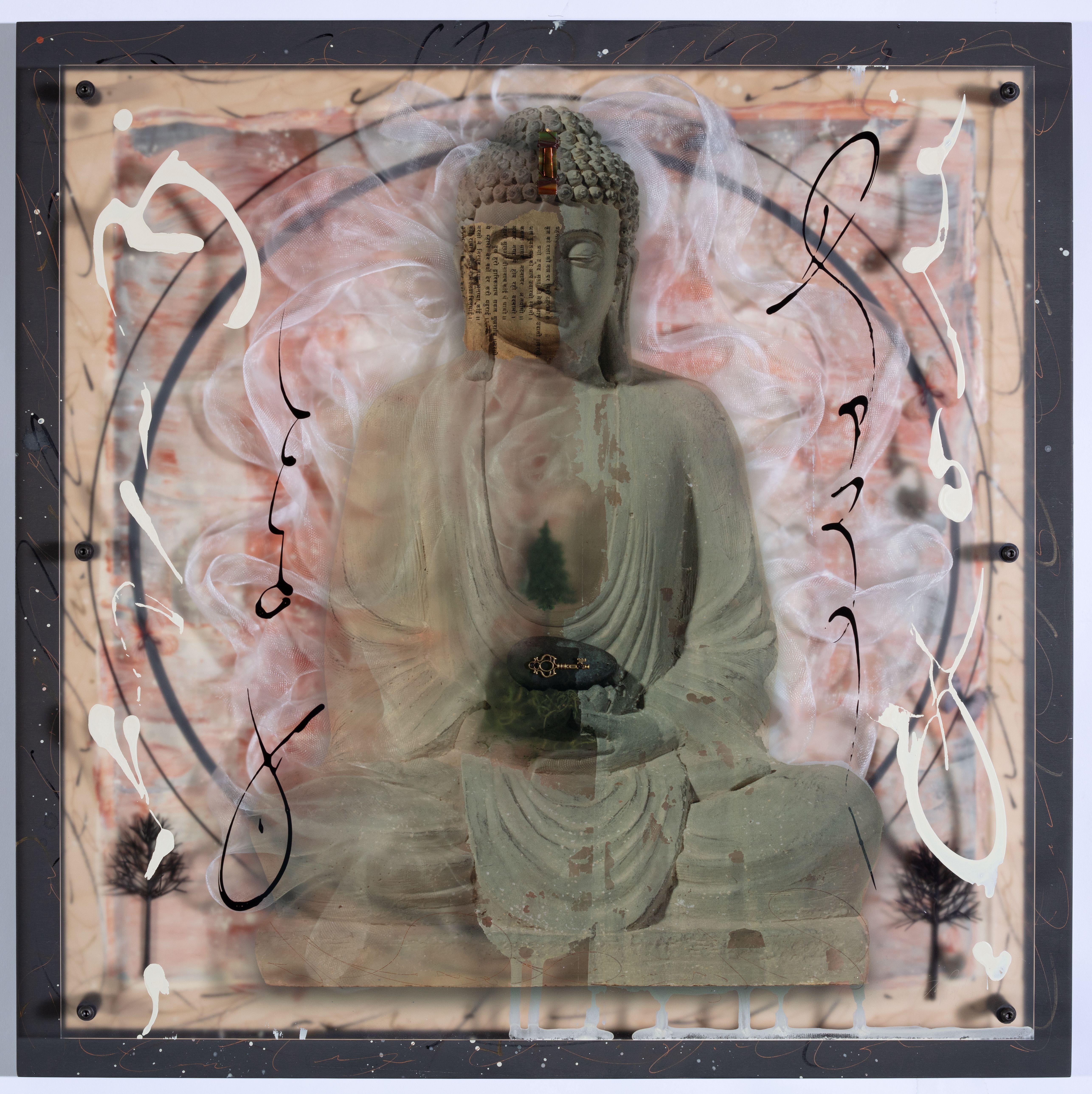 A stylized art piece featuring a central Buddha figure  in a meditative pose, set against a backdrop with mixed media elements made by Ingrid Magidson.