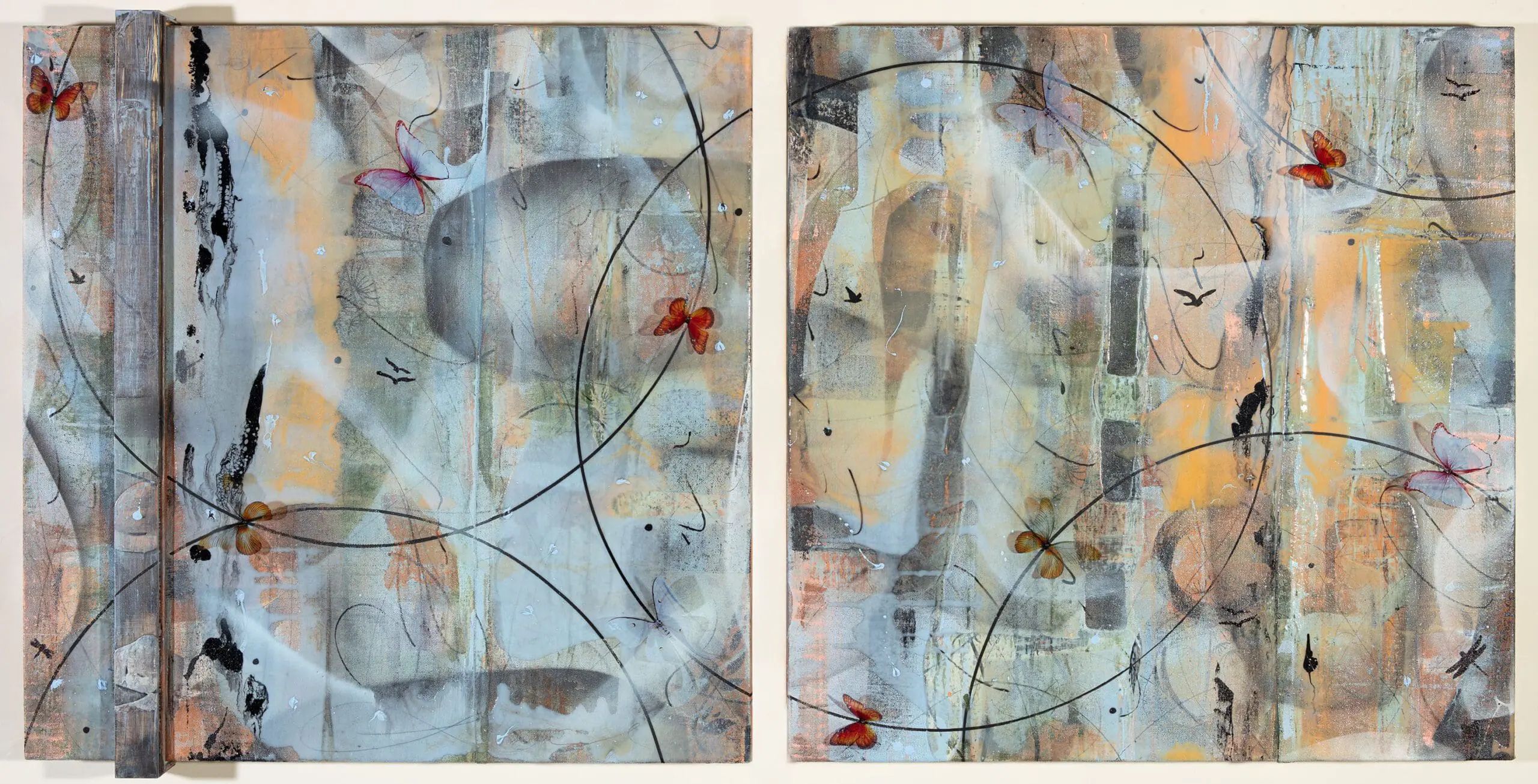 An abstract piece by Ingrid Dee Magidson depicting butterflies and circles. 