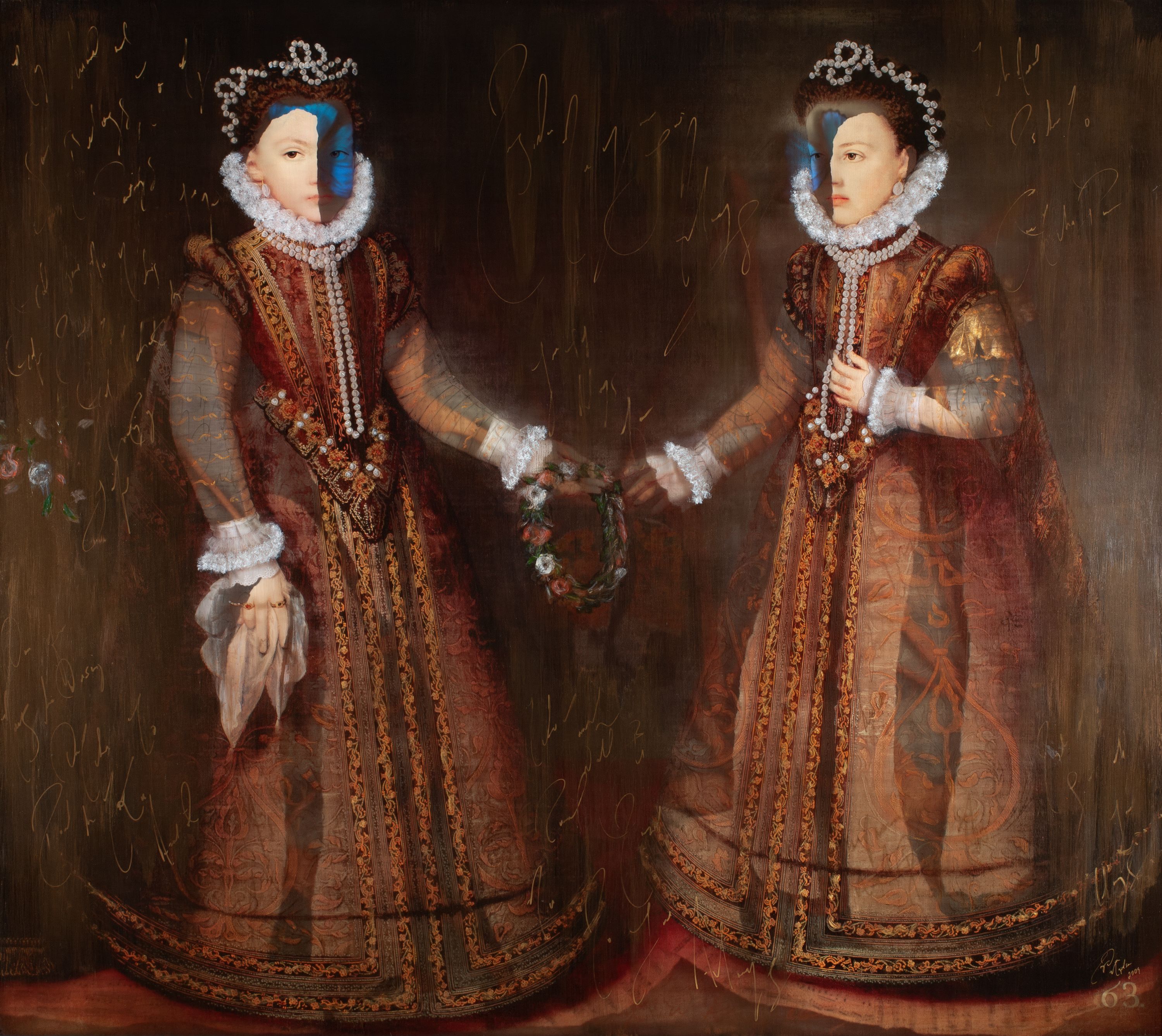 An abstract piece by Ingrid Dee Magidson of two sisters holding hands.