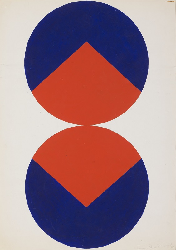 Leon Polk Smith Two blue circles stacked with red square cut out on white background