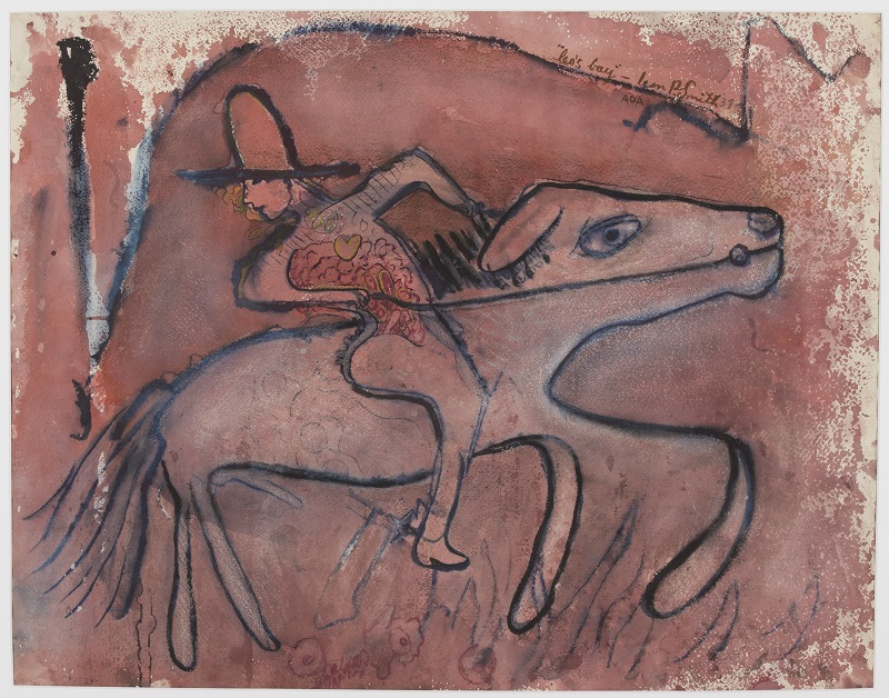 Leon Polk Smith Stylized drawing of man riding a horse with weathervane in background.