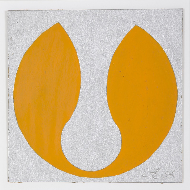 Leon Polk Smith Yellow circle with silver background and organic shape cut out.