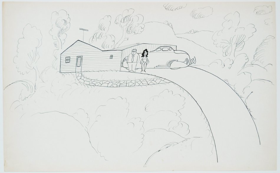 Drawing by Saul Steinberg of a house and person in the background with a long walkway to foreground.
