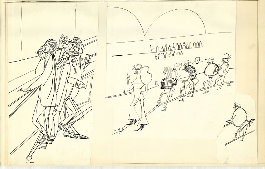 Drawing by Saul Steinberg of group of people at a bar.