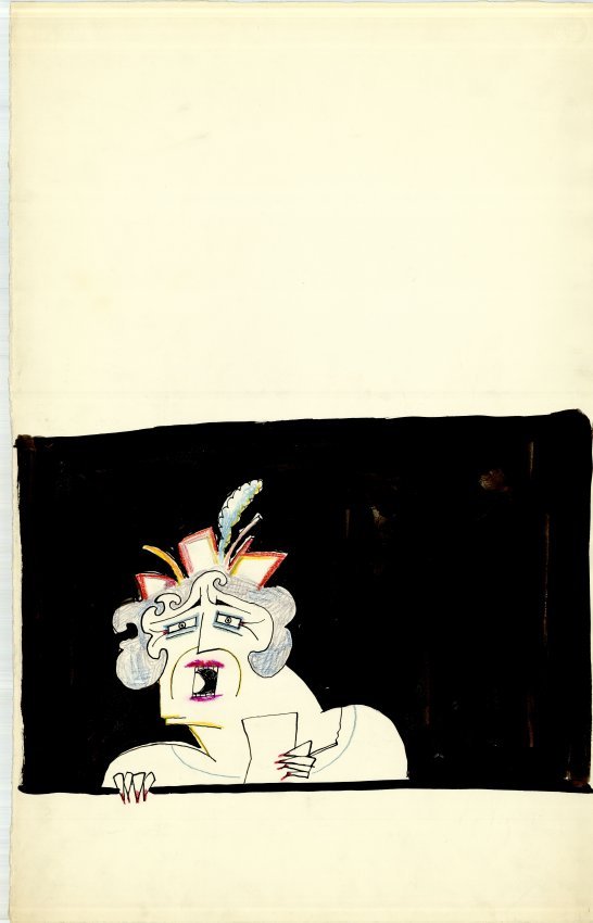 Drawing by Saul Steinberg of a person's head and shoulders with mouth open against a black background.