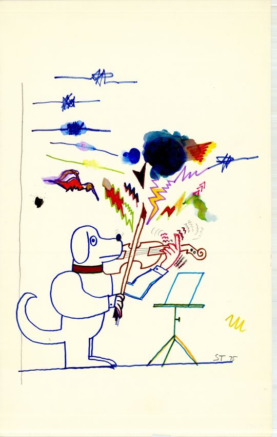 Drawing and painting by Saul Steinberg of a dog playing the violin with an array of colorful lines and bursts errupting from the violin.