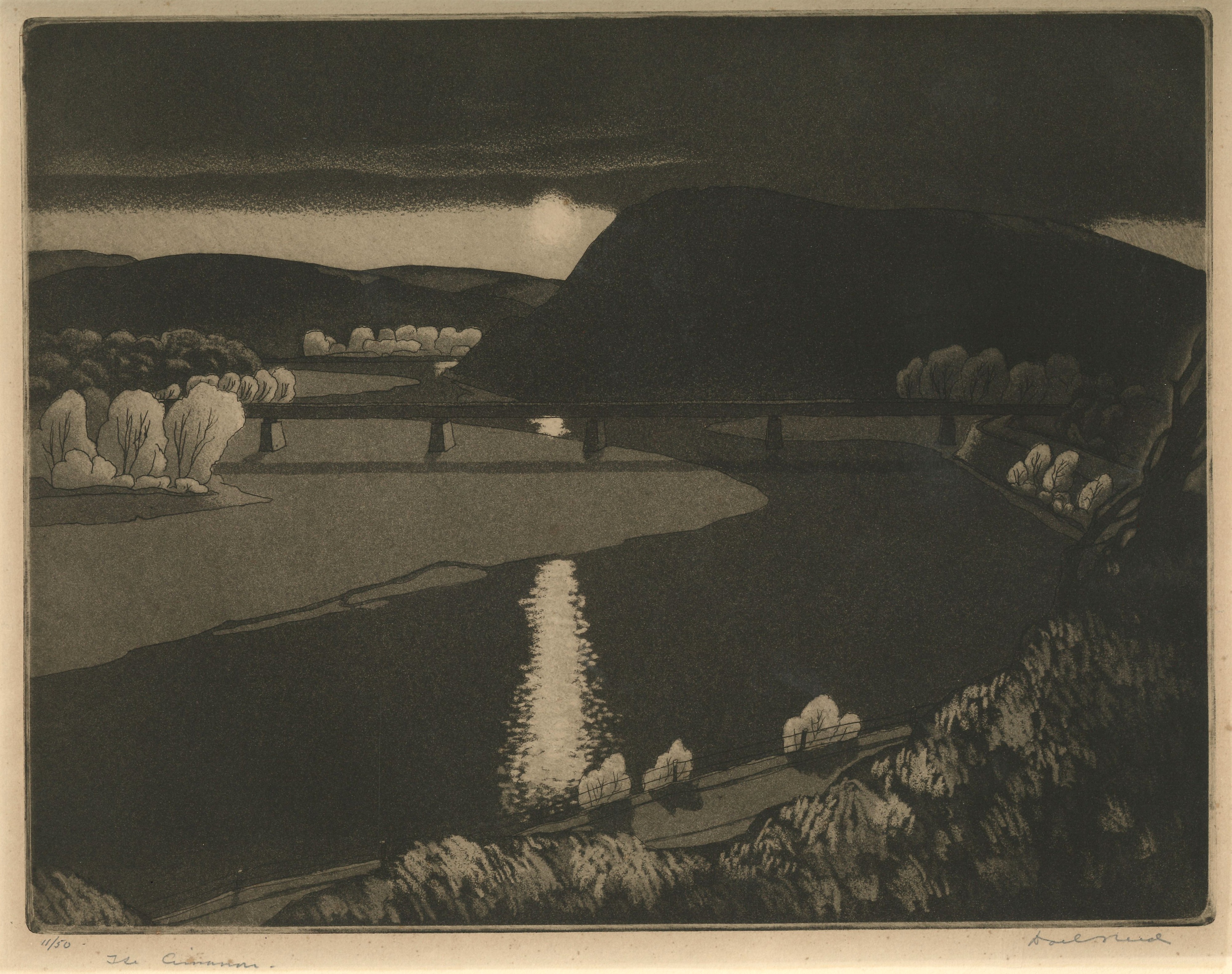 Artwork by Doel Reed depicting a landscape with a mountain, a river and trees.
