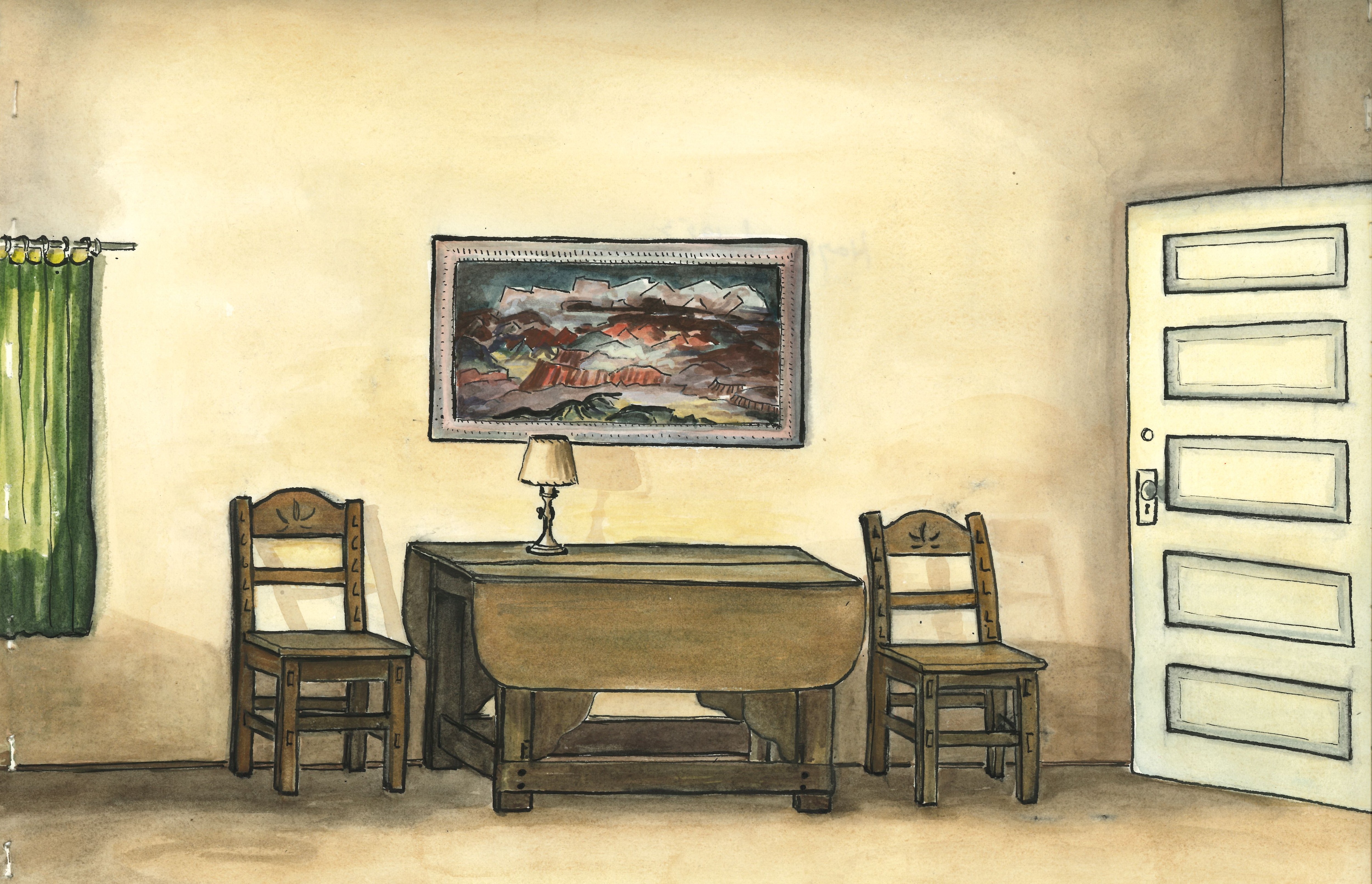 Watercolor painting of a room with two chairs and a table.