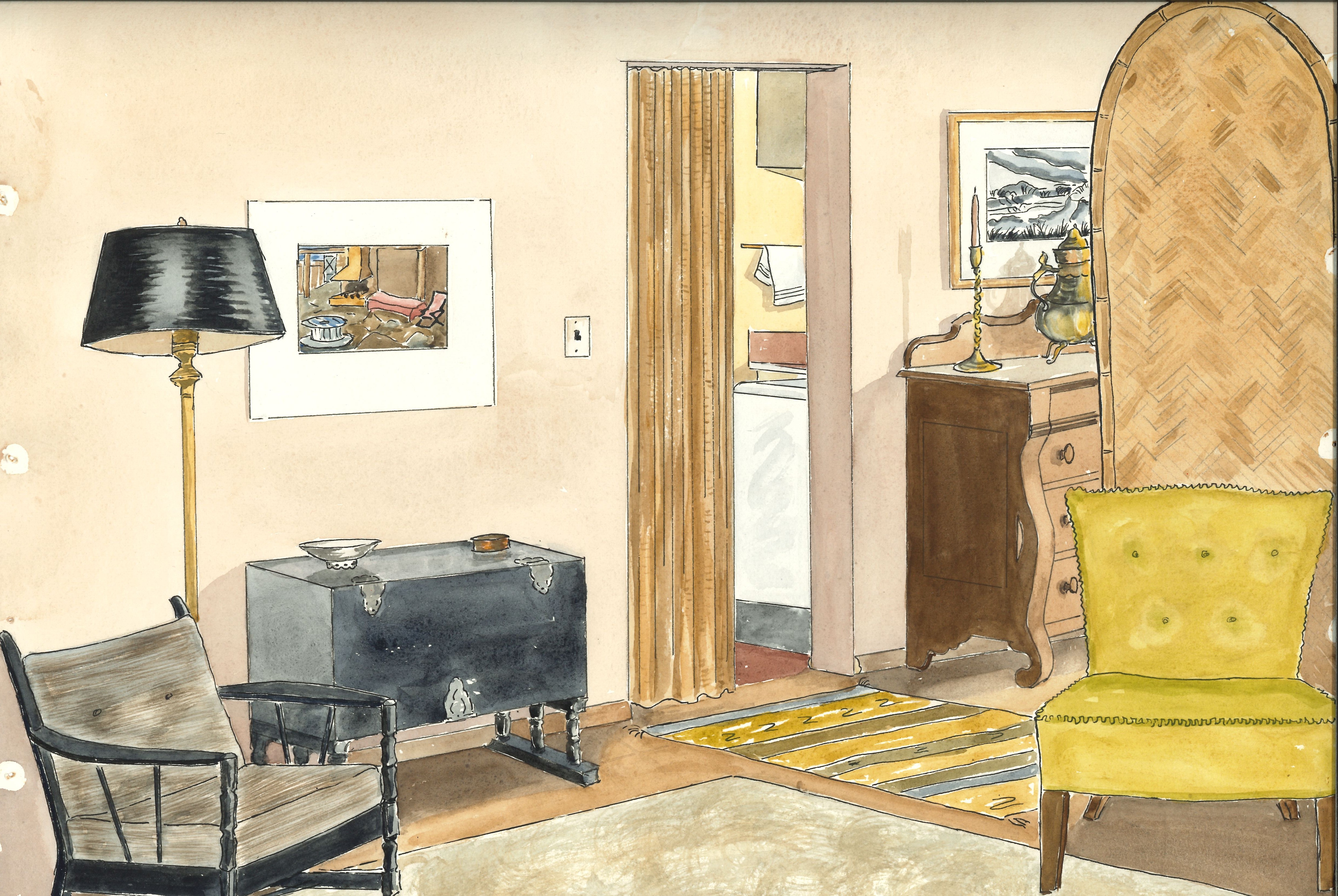 Watercolor painting of a bedroom.