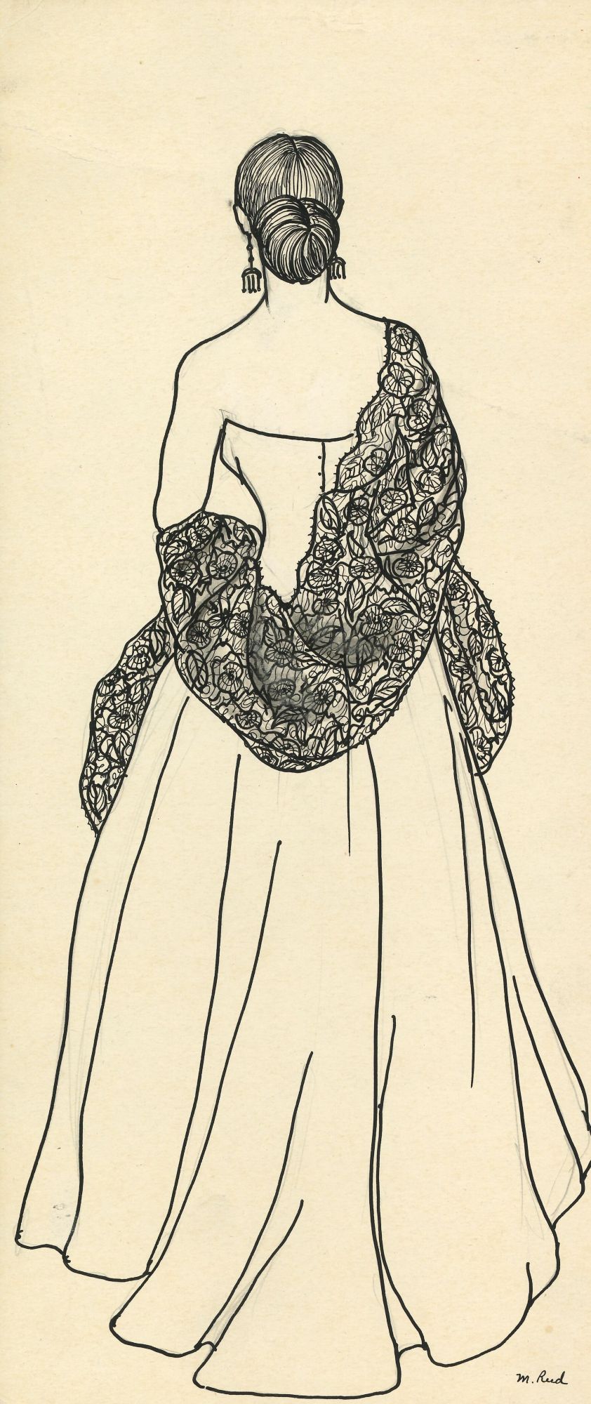 Ink and graphite artwork on paper of a woman's back wearing a long dress. 